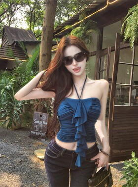 辣妹风蓝色荷叶边挂脖无袖抹胸吊带内搭夏季新款千金感轻奢背心女