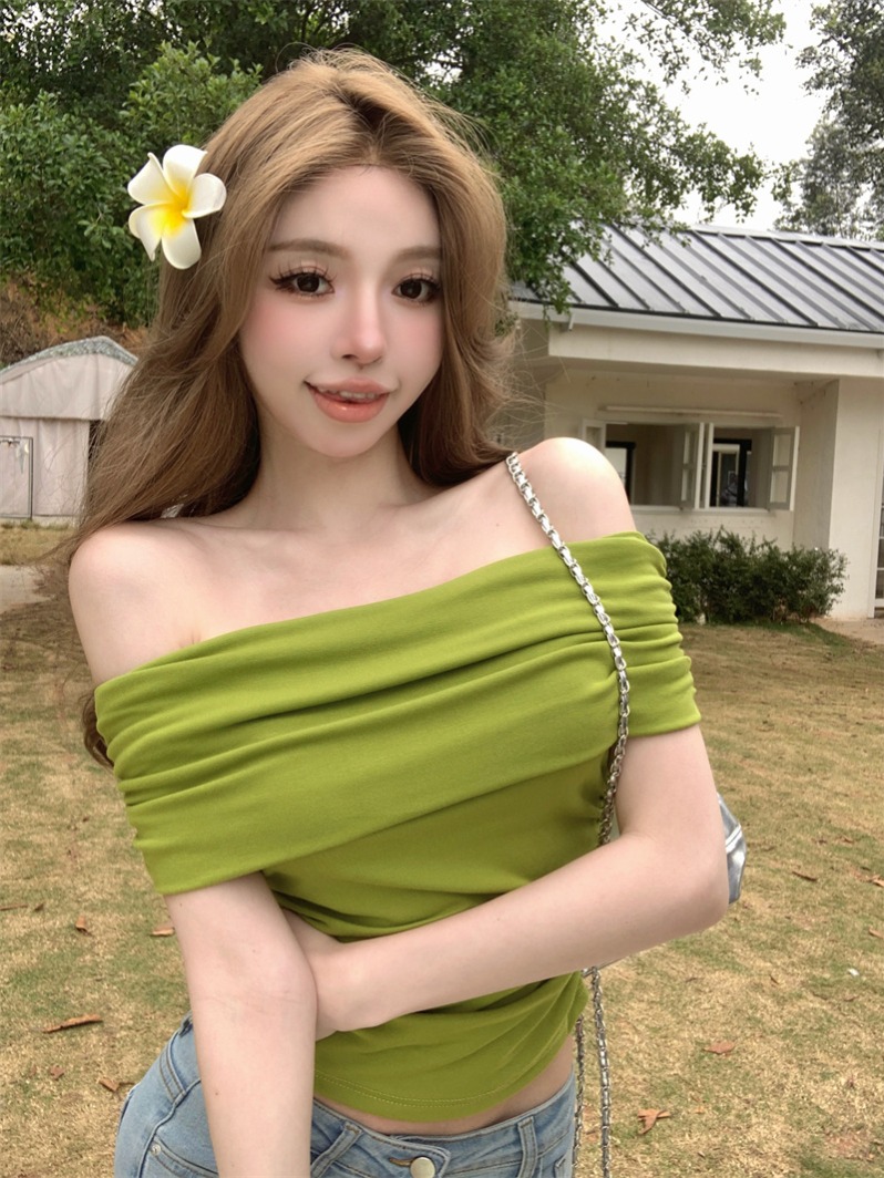 纯欲甜辣妹性感一字肩上衣女夏季设计感小众独特别致荡领短袖t恤