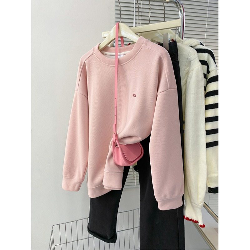 米呢卫衣女薄款刺绣花2026早春新款宽松圆领长袖t恤上衣女装