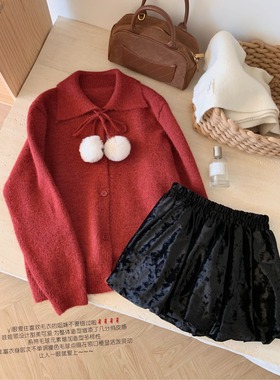 新年款红色毛球翻领正肩针织衫毛衣女2026秋冬新款巨好看针织上衣