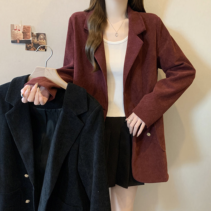 安哥拉红灯芯绒正肩西装外套女装大码早春秋冬季高级感气质上衣潮