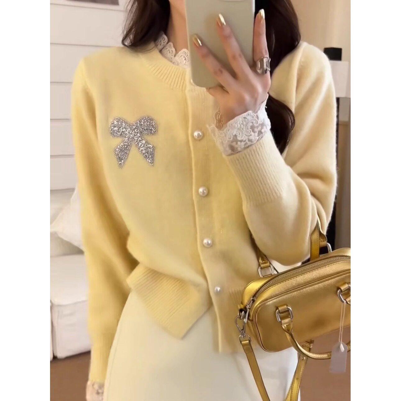 法式甜美拼接蕾丝蝴蝶结毛衣