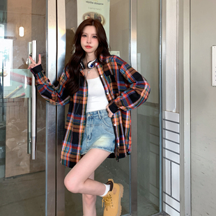 春季韩版港味小个子格纹格子polo领衬衫外套女中长款宽松磨毛衬衣