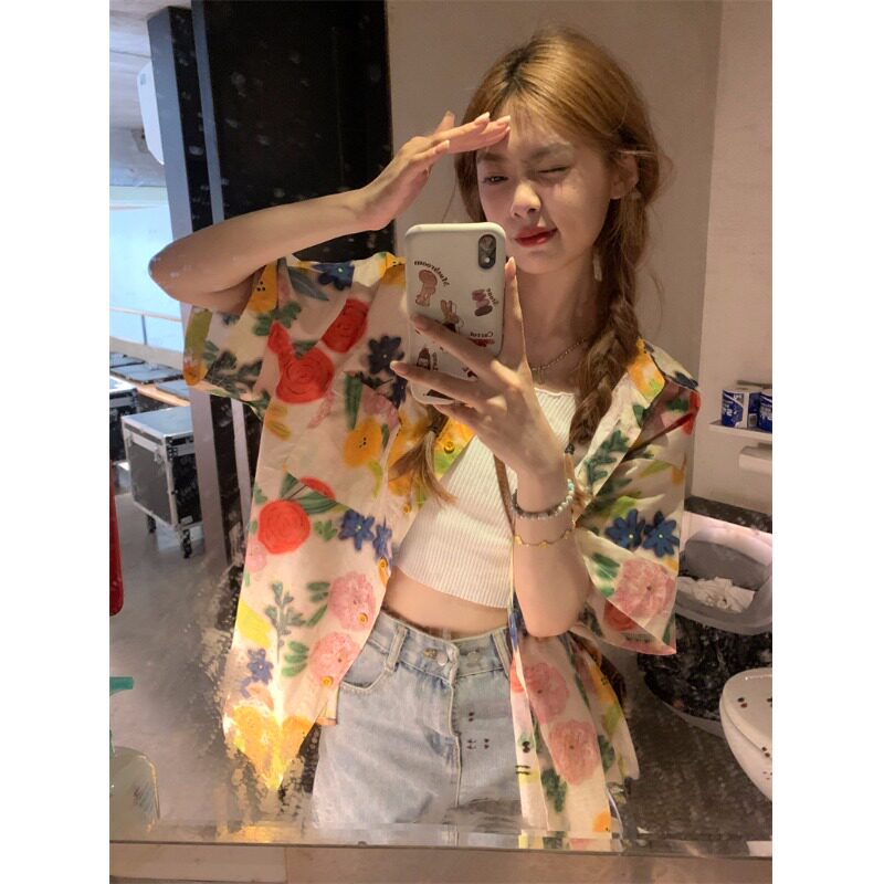 夏季海边度假防晒碎花短袖衬衫
