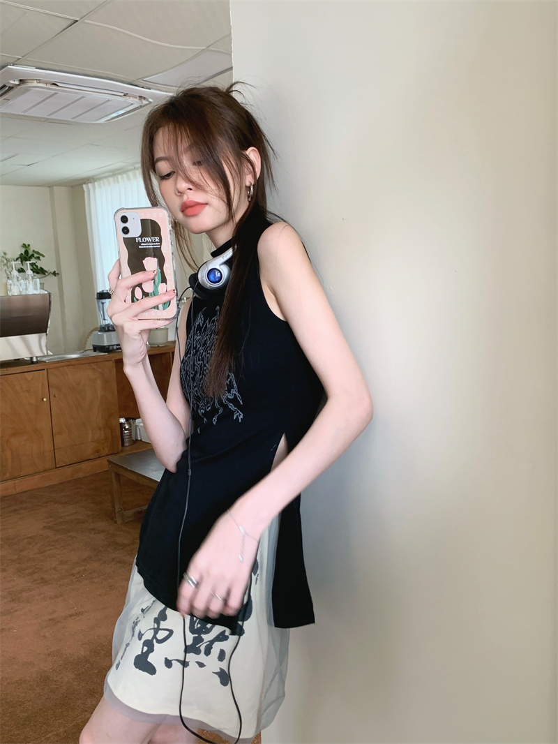 复古新中式套装显瘦开叉无袖背心上衣女夏季网纱短裙半身裙两件套