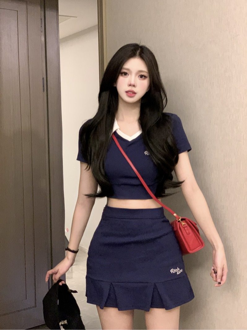 大码女装夏季胖mm辣妹学院风撞色polo领短袖T恤女高腰半身裙套装