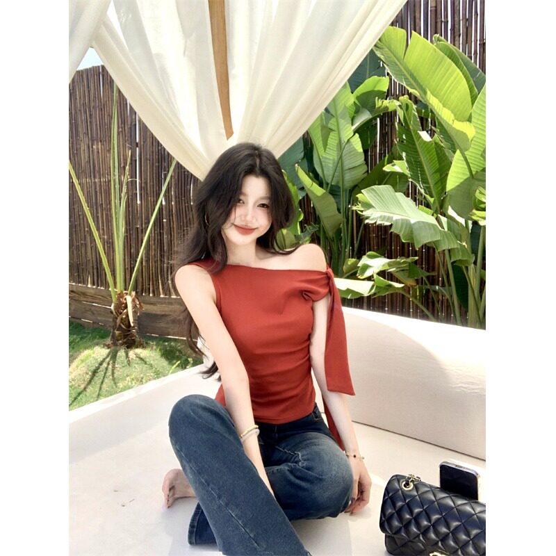 不规则绑带斜肩无袖T恤女装夏季修身收腰设计感辣妹红色显瘦上衣