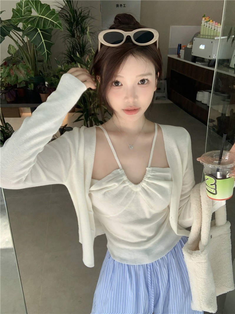 早春穿搭套装女纯欲辣妹防晒薄款针织开衫内搭背心吊带上衣两件套