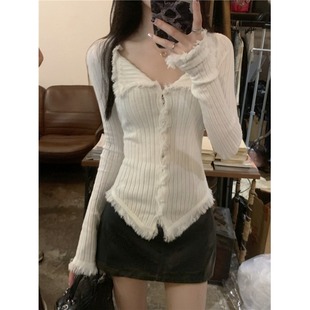 2025年新款毛边V领毛衣女设计感小众别致早秋季针织开衫秋冬显瘦