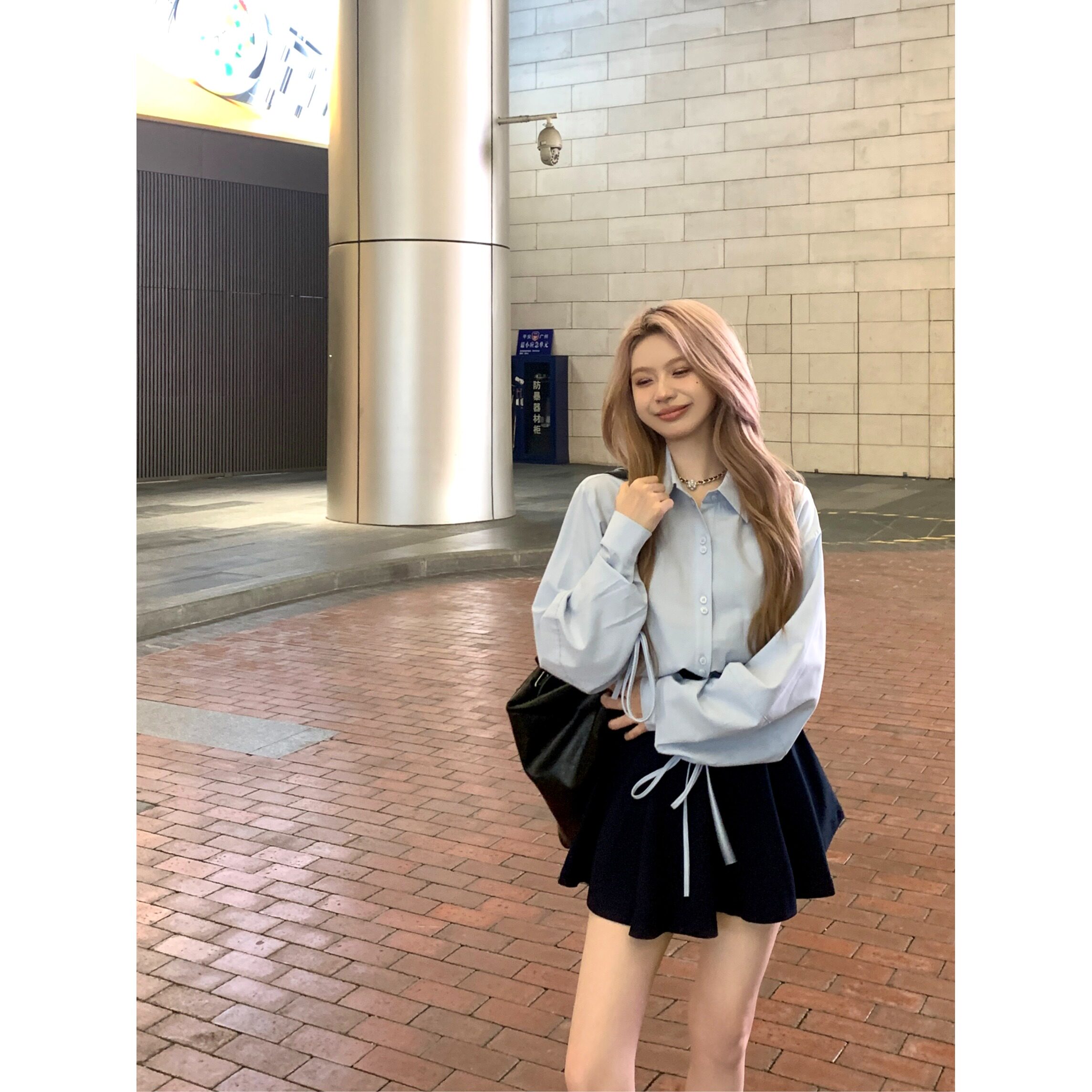 小个子时尚炸街穿搭套装女夏季法式蓝色绑带气质衬衫半裙两件套装