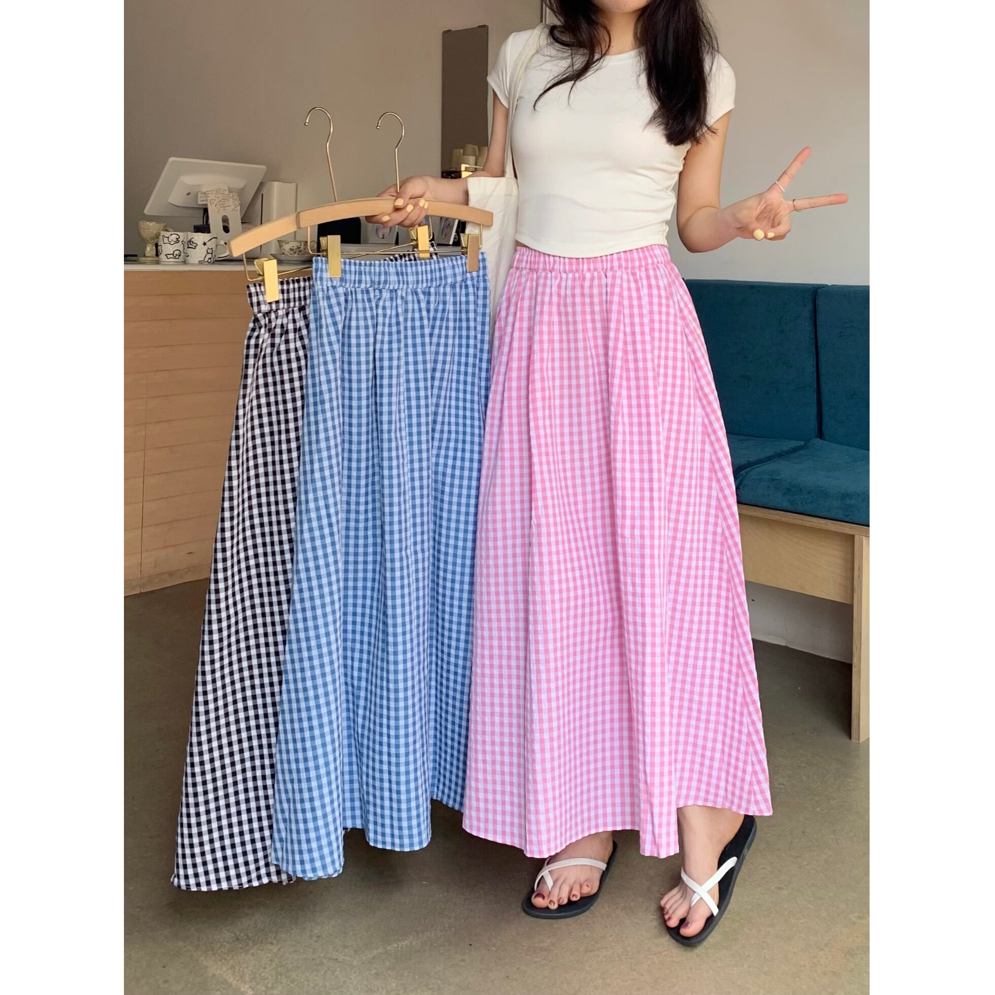 格子复古拼接半身裙2026新款显瘦蛋糕松紧高腰中长款A字女小个子