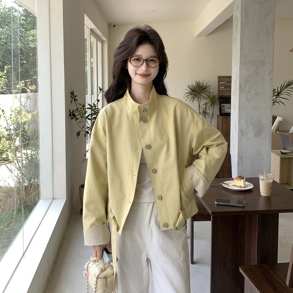 奶黄色学院风工装风衣女春秋减龄