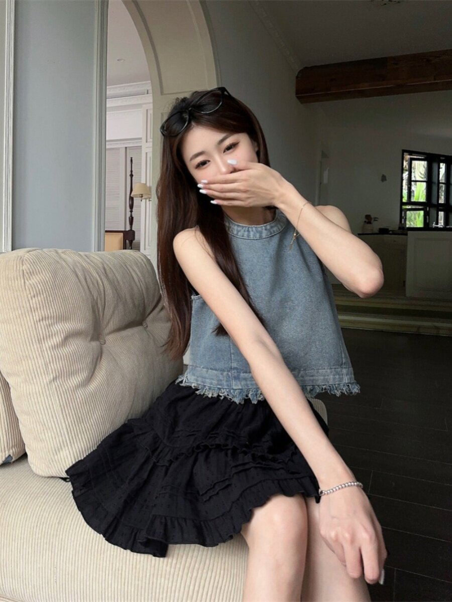 불규칙한 로우 엣지 디자인 여성용 하이웨이스트 숏 데님 조끼 새로운 여름 한국 스타일 루즈 패션 탑 트렌디