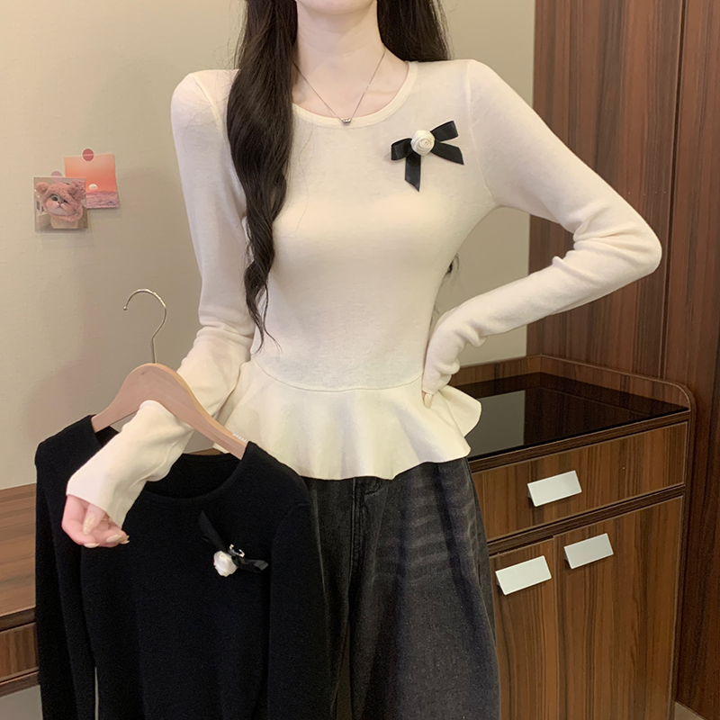 法式荷叶边长袖针织衫女早秋2024新款修身显瘦别致短款绝美小上衣