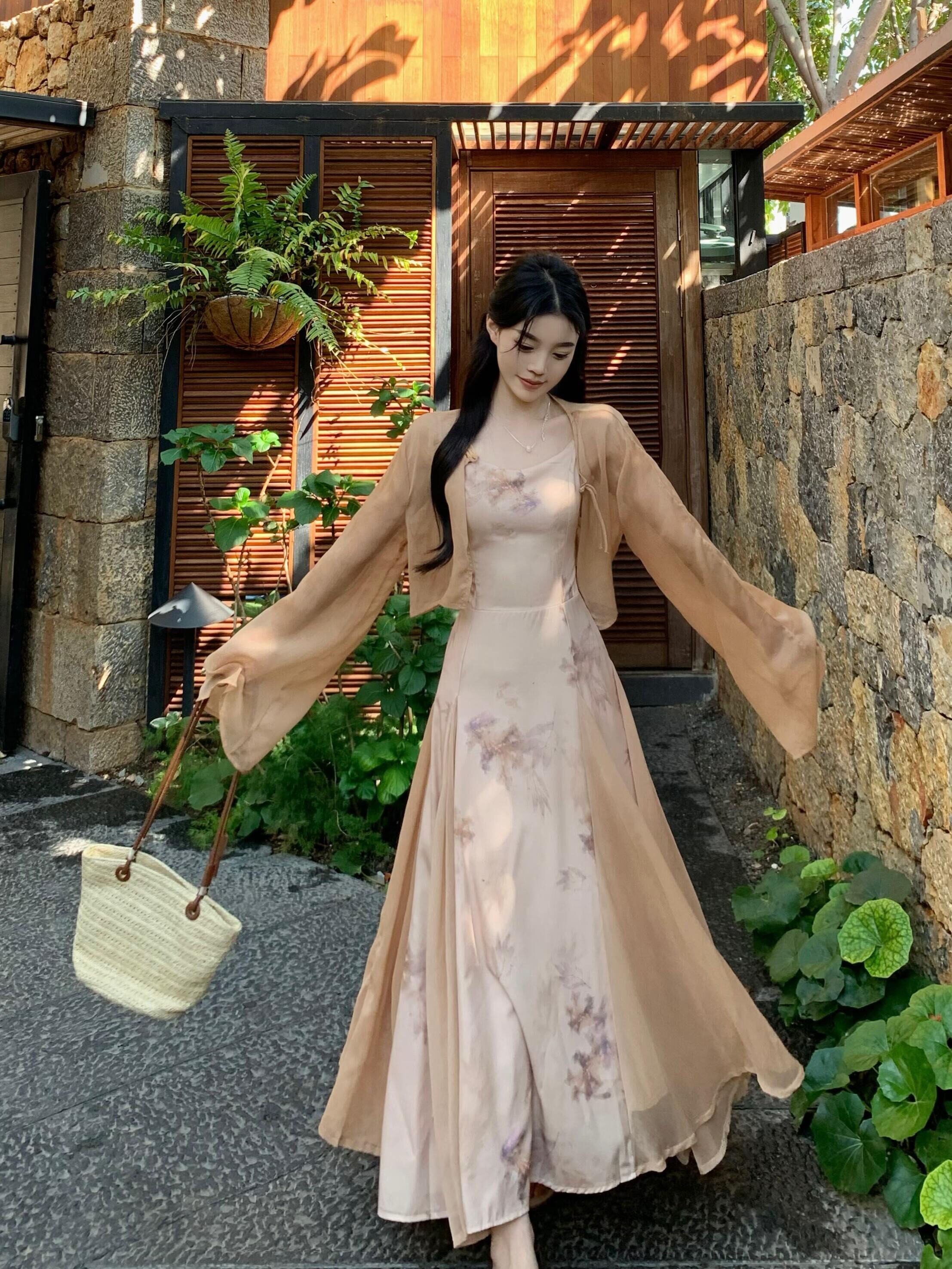 大码女装夏季套装2026新款新中式国风禅意开衫碎花连衣裙两件套