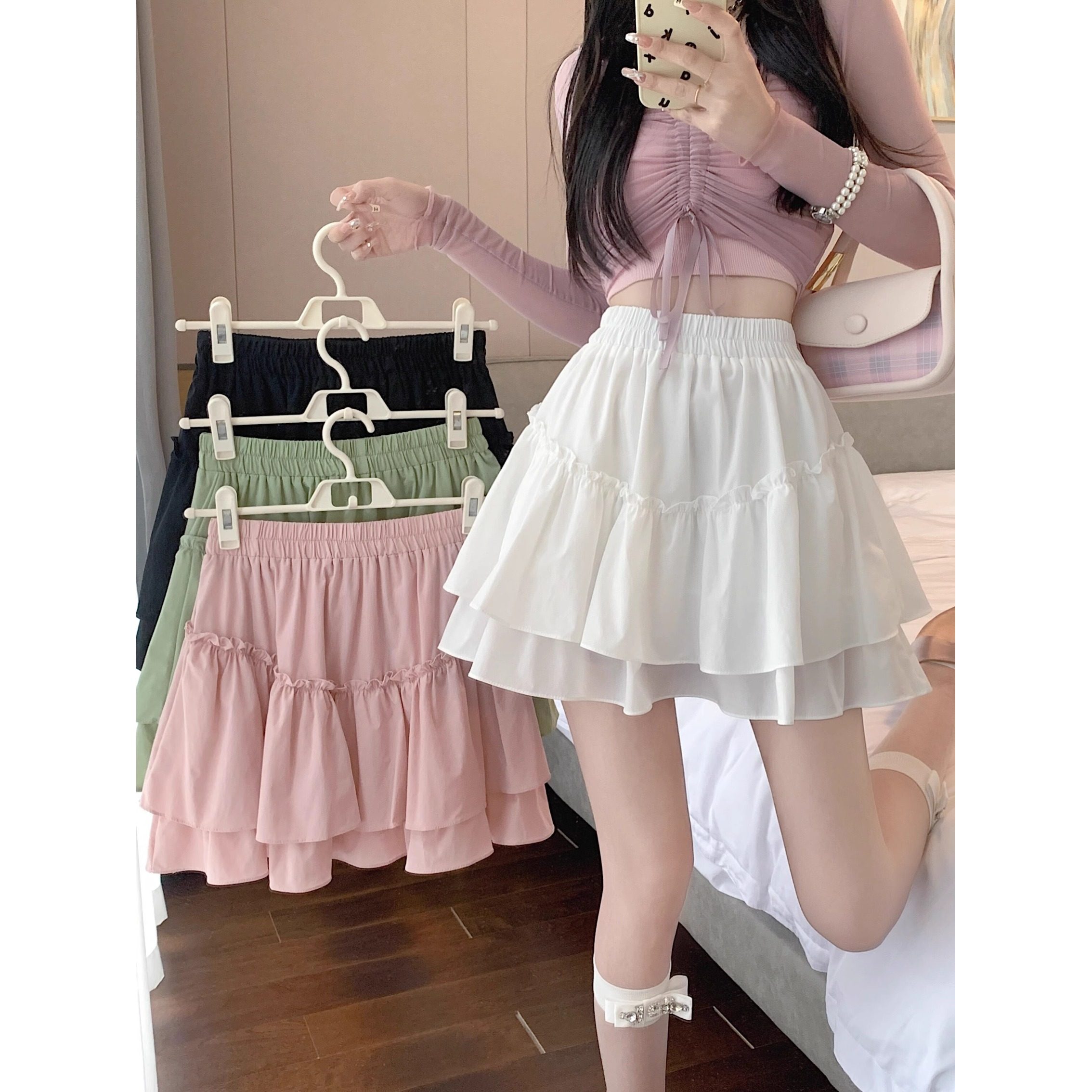 大码公主蓬蓬蛋糕裙半身裙女春夏季松紧高腰显瘦a字百褶短裙裤潮