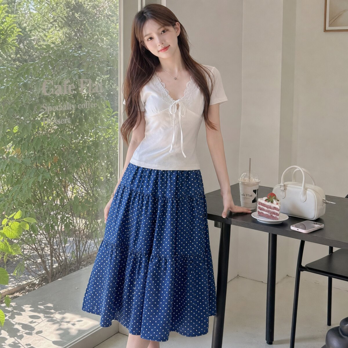 夏季蕾丝V领T恤波点裙女套装