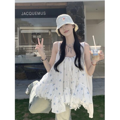 温柔甜妹风蕾丝花边下摆吊带背心女夏季宽松显瘦碎花上衣