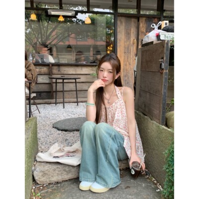 韩式简约泰式吊带夏季新款设计碎花挂脖无袖背心甜美宽松露背上衣
