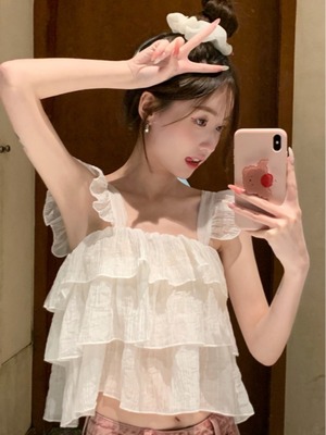 宽松甜美荷叶边吊带女夏季新款外穿甜辣背心设计感短款无袖上衣潮