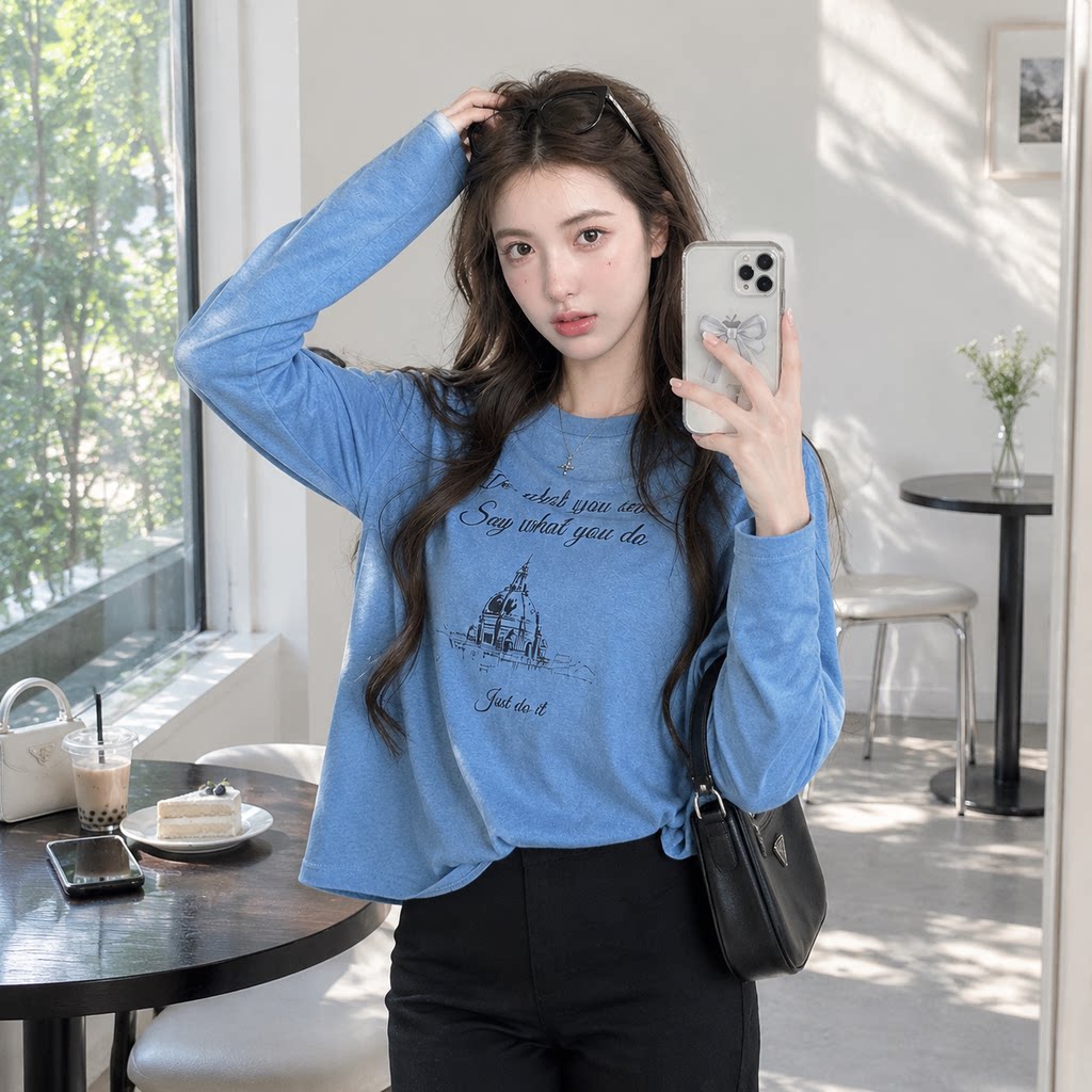 蓝色纯棉秋季长袖印花宽松T恤女