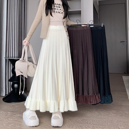 百褶针织半身裙女秋冬款高腰显瘦a字裙中长款大摆裙木耳边毛线裙