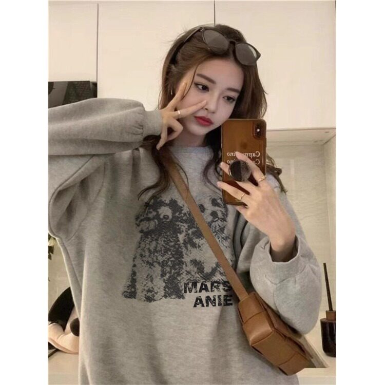 美式复古灰色套头圆领无帽卫衣女秋季2025新款宽松慵懒风长袖上衣