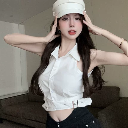 甜辣妹衬衫无袖背心女夏装修身设计感纯欲风性感POLO领别致上衣