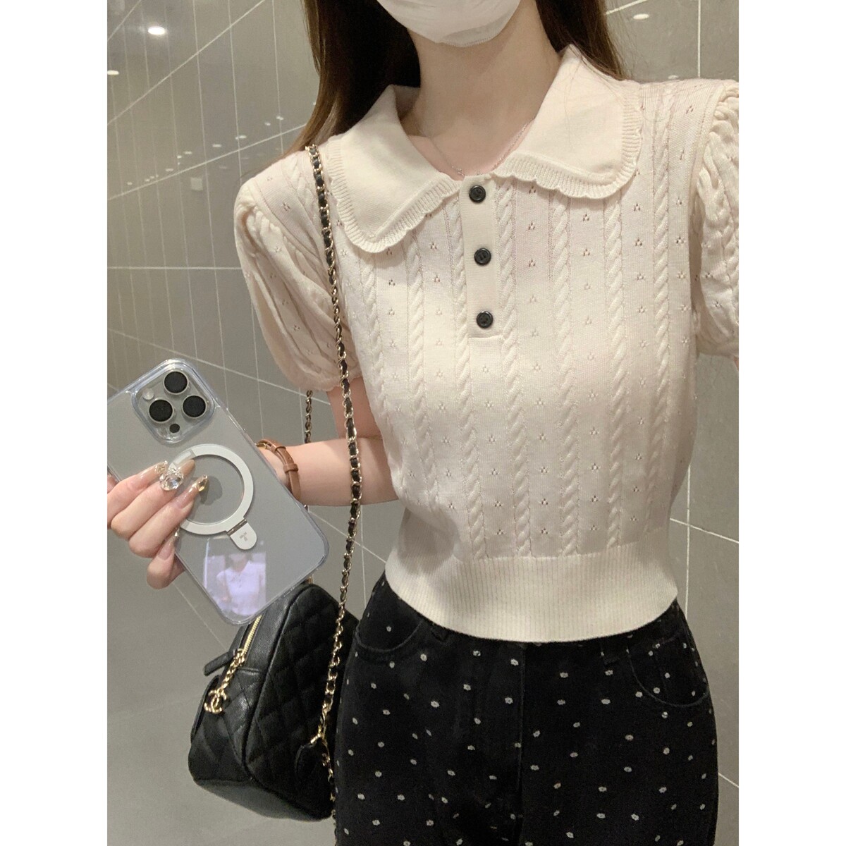 法式夏季甜美麻花短款娃娃领t恤女高级感洋气小衫短袖学院风上衣