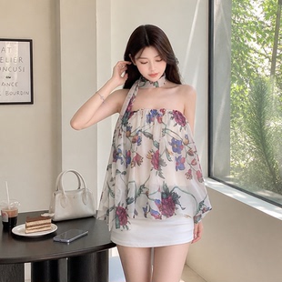 2026春夏葡萄印花雪纺纱蓬蓬花苞抹胸女宽松上衣印花围巾雪纺衫