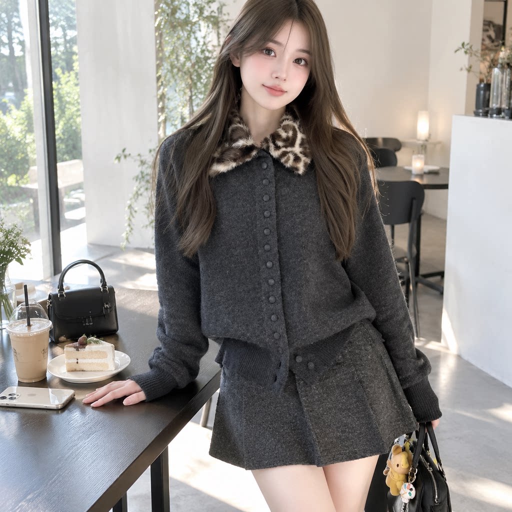 豹纹翻领秋冬针织开衫女显瘦