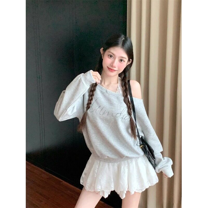 斜肩烫钻字母卫衣女秋冬薄款露肩设计感小众修身百搭灰色长袖上衣