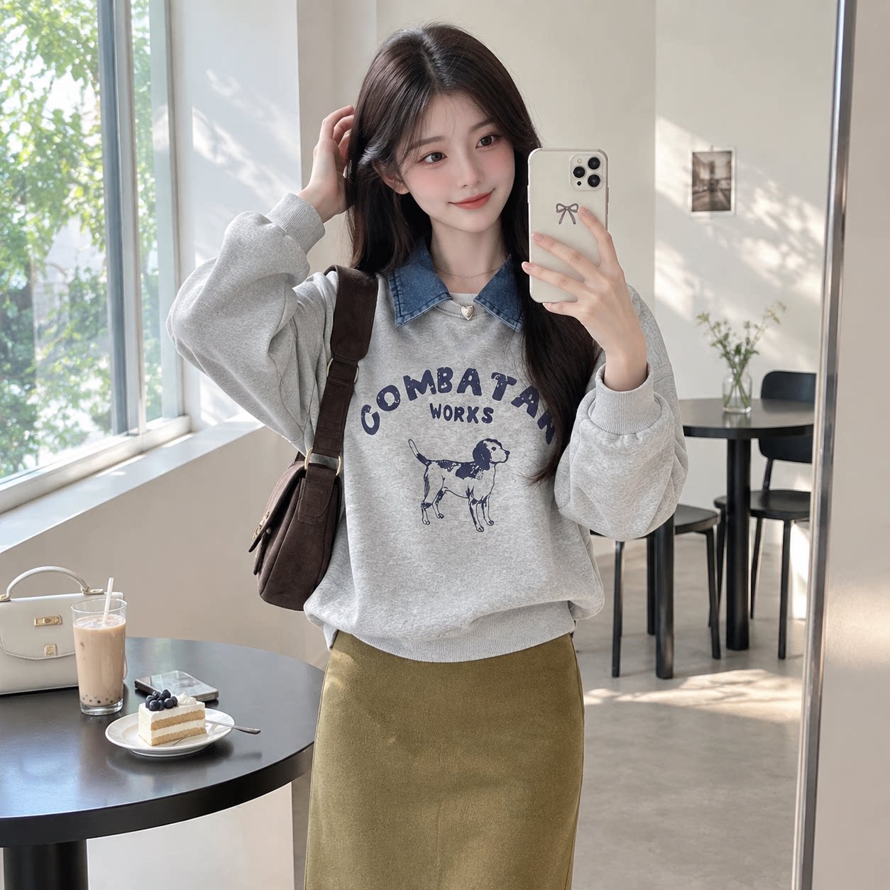 拼接牛仔翻领假两件加绒卫衣女