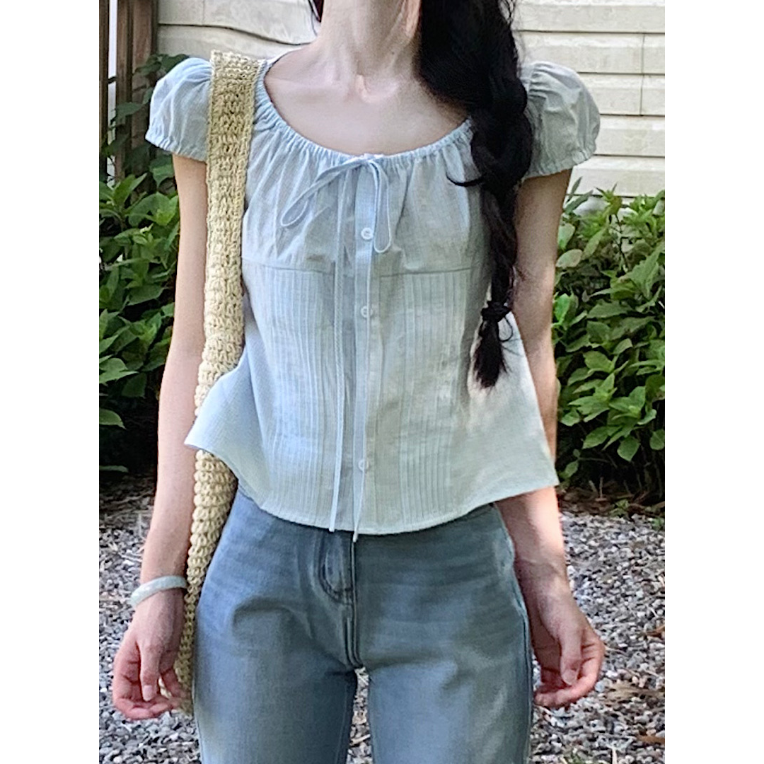 夏季甜美褶皱绑带泡泡袖显瘦衬衫