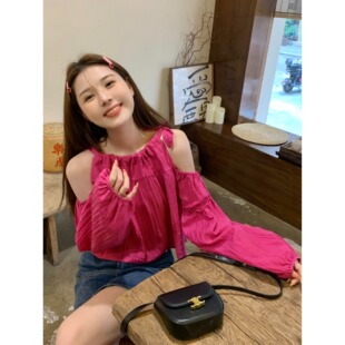 法式绿色系带露肩长袖衬衫女夏春秋高级感雪纺衬衣短款娃娃衫上衣