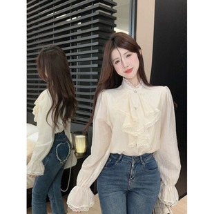 新款 女早秋季 气质蕾丝拼接小衫 长袖 上衣 法式 开衫 宫廷风荷叶边衬衫