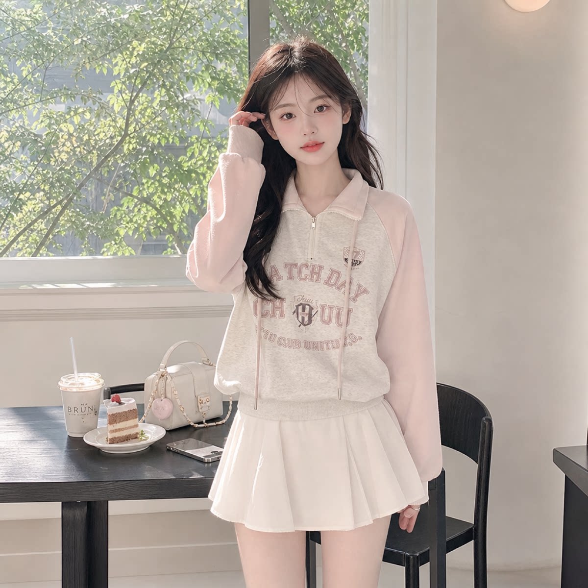 春秋甜美学院风半拉链立领卫衣