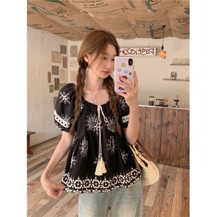 民族风提花系带小衫2026新款女夏季短袖宽松时尚洋气撞色上衣