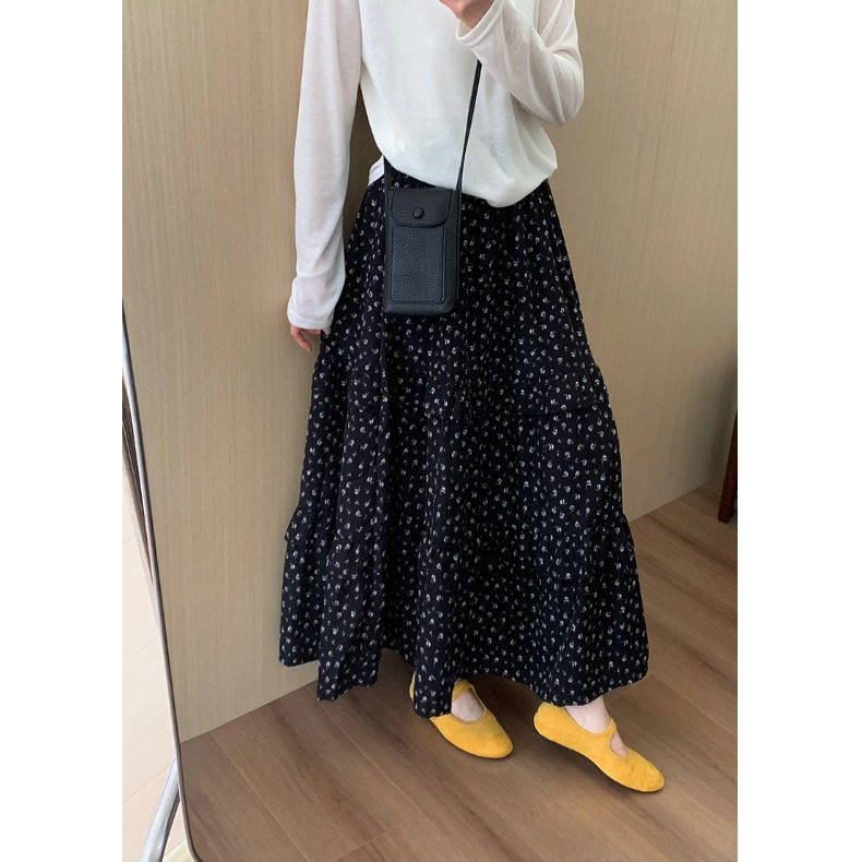 黑色复古碎花半身裙女秋季新款高腰a字伞裙梨型身材遮胯蛋糕长裙