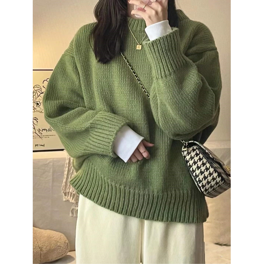2025新款绿色套头毛衣女秋冬厚复古日系慵懒风内搭打底针织衫上衣