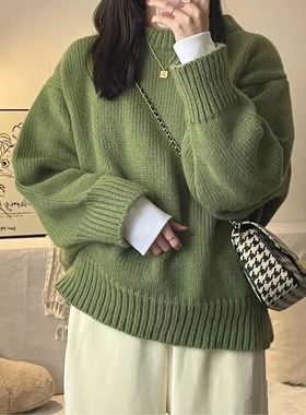 2025新款绿色套头毛衣女秋冬厚复古日系慵懒风内搭打底针织衫上衣
