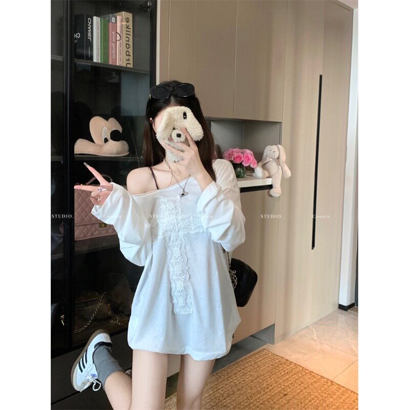 纯欲风蕾丝十字架T恤女夏季薄款微透防晒罩衫宽松休闲长袖上衣女