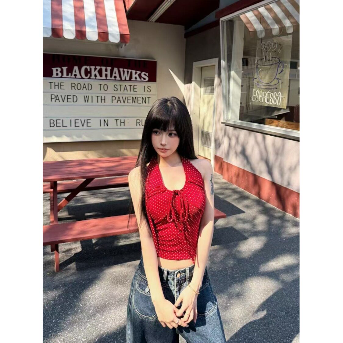夏季红色波点挂脖绑带显瘦吊带