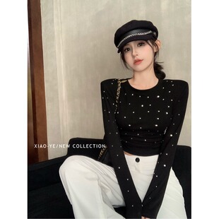 黑色辣妹长袖打底T恤女春季设计感小众烫钻修身短款内搭上衣