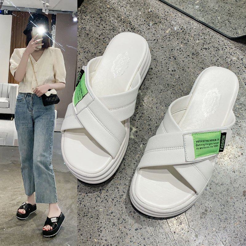 交叉一字拖鞋女外穿2025新款夏季平底时尚百搭韩版增高海边凉拖鞋,女鞋,一字拖,淘宝优惠券,粉丝福利购,淘宝优惠卷