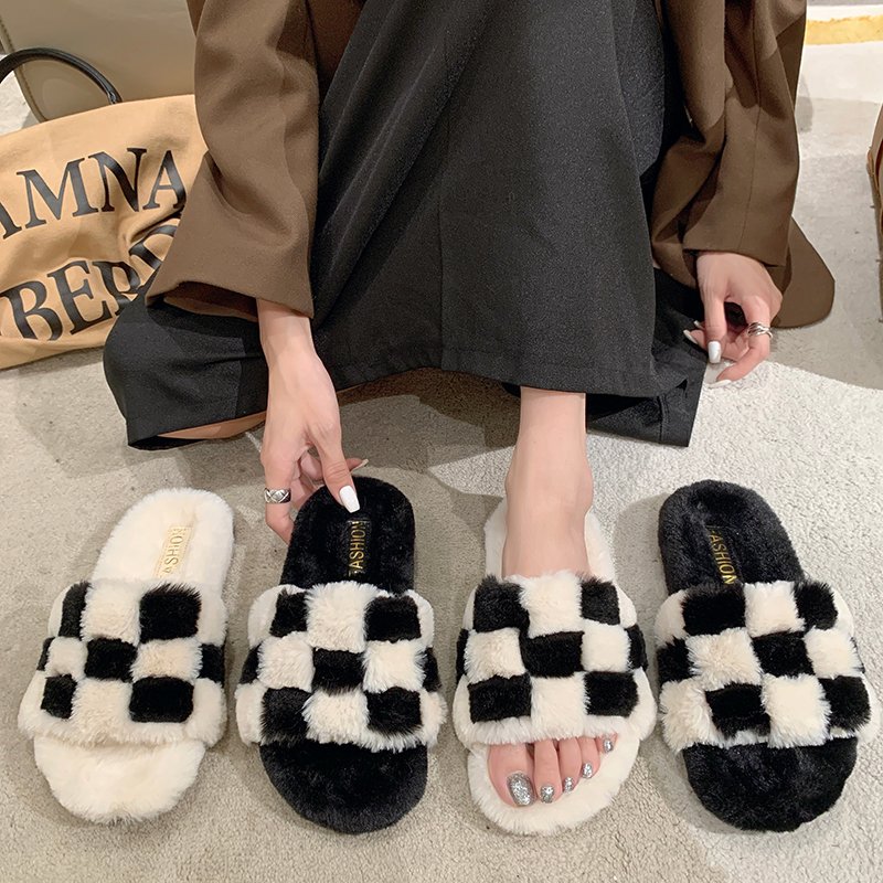 2023爆款小香风格子毛毛一字拖