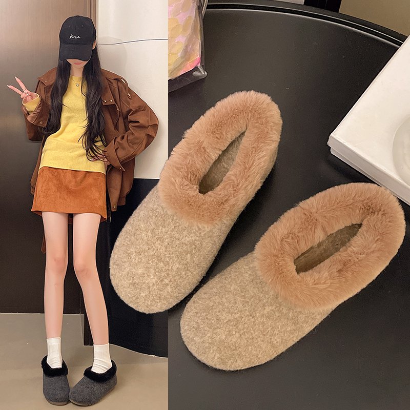 秋冬保暖毛毛棉鞋女包跟加绒软底