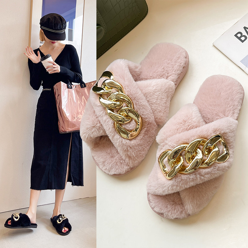 小香风ins金属扣交叉毛毛拖鞋女2025秋冬季新款小众设计感一字拖,女鞋,毛毛鞋,淘宝优惠券,粉丝福利购,淘宝优惠卷