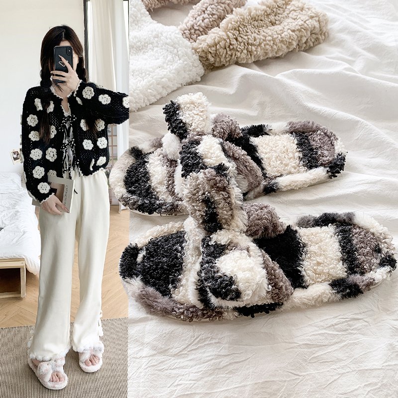 奶牛色毛毛拖鞋女居家保暖防滑