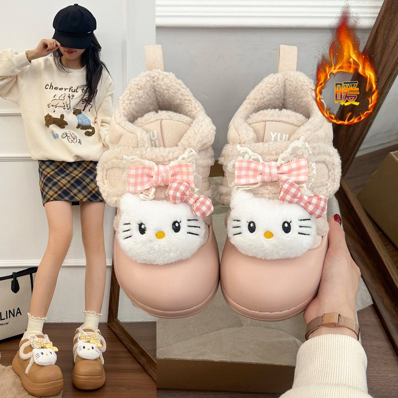 甜美可爱凯蒂猫蝴蝶结毛毛鞋